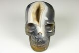 Polished Banded Agate Skull with Quartz Crystal Pocket #190522-1